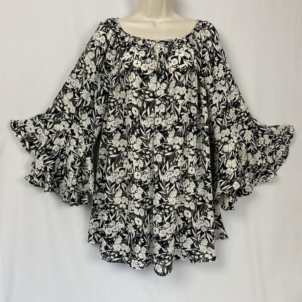 CHAPS Blouse Womens 2X Black Floral Bell Sleeve Boho Romantic Whimsigoth